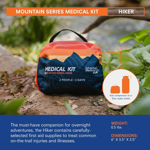 Adventure Medical Kits Mountain Series Hiker first-aid kit pouch in orange and blue for 2 people, 2 days