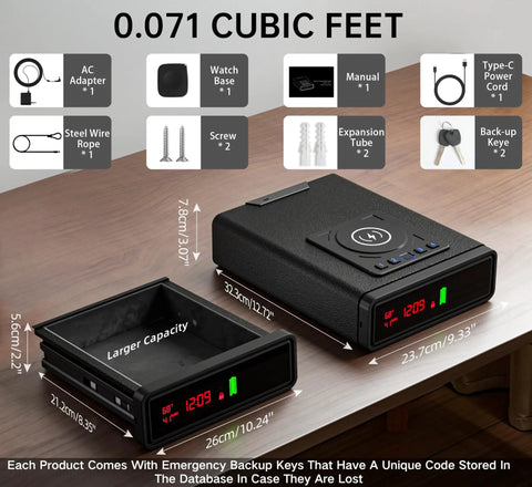 Biometric Gun Safe With Wireless Charging, 3 Quick Access Fingerprint Money Boxes, Compact Bedside Drawer Safe With 24 7 Digital Clock
