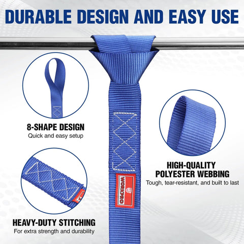 Soft Loop Tie Down Straps 4 Pack 1.6 Inch By 17 Inch 5000 Lbs Break Strength Heavy Duty With Soft Loop Ends For Securing Motorcycles ATVs UTVs Kayaks Dirt Bikes Blue, blue polyester webbing with 8-shape loop