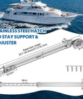 Heavy Duty Stainless Steel Boat Hatch Lid Stay Rod And Adjustable Marine Window Holder with dimensions and fittings visible.