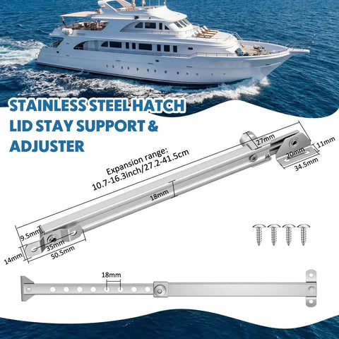 Heavy Duty Stainless Steel Boat Hatch Lid Stay Rod And Adjustable Marine Window Holder with dimensions and fittings visible.