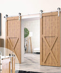 Brushed Nickel Sliding Barn Door Hardware Kit For Two Doors With Nine Foot Flat Track And Straight Rollers, Heavy Duty Interior Use Only