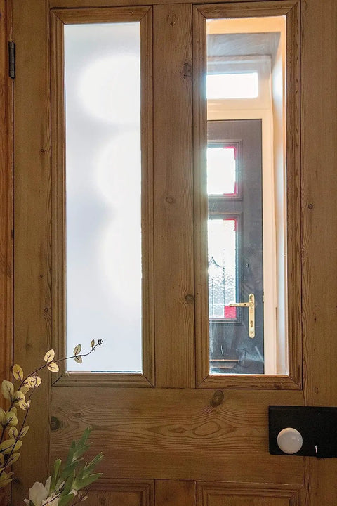 Privacy Frost Window Film 26 By 59 Inch Roll Reusable Static Cling Removable Decorative Glass Cover installed on wooden door pane