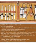 Manicure Set For Men 13-Piece Stainless Steel Nail Kit With Leather Travel Case showing contents and grooming tools