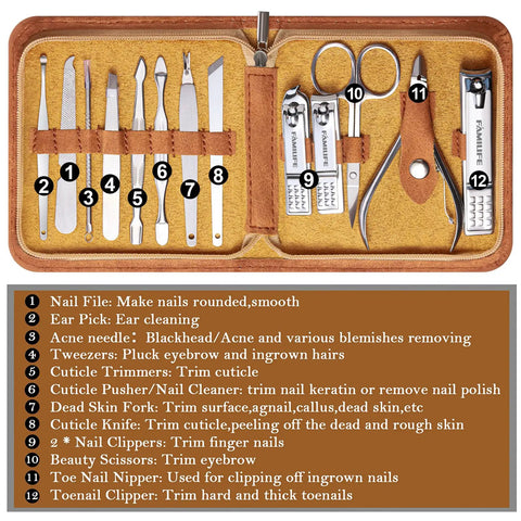 Manicure Set For Men 13-Piece Stainless Steel Nail Kit With Leather Travel Case showing contents and grooming tools