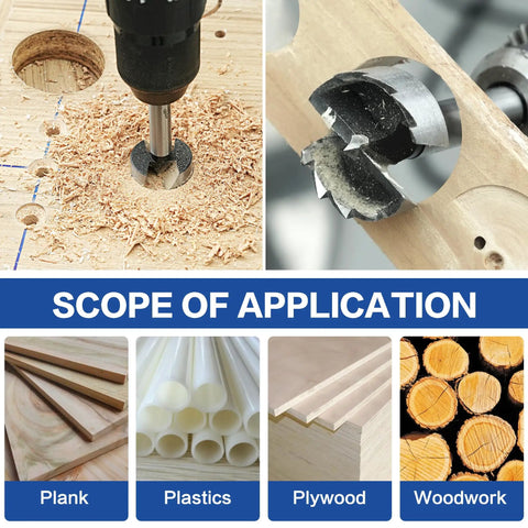 Knockout Eight Piece Forstner Bit Set Rock Solid Alloy Steel Drill Bits drilling into plank and showing applications for wood and plastic.