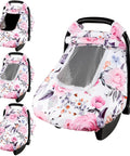 Girls Car Seat Cover Pea Pod Infant Canopy With Dual Windows And Breathable Mesh, floral design, snug fit on baby car seat.