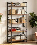 Sleek Five Tier Folding Bookshelf, Legit Heavy Duty Metal Frame And Vintage Wood Shelves, showcasing books and decor in a modern living room.