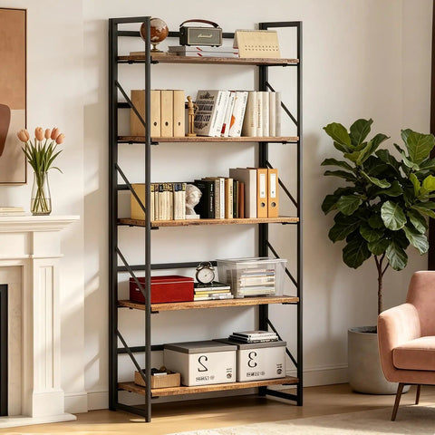 Sleek Five Tier Folding Bookshelf, Legit Heavy Duty Metal Frame And Vintage Wood Shelves, showcasing books and decor in a modern living room.