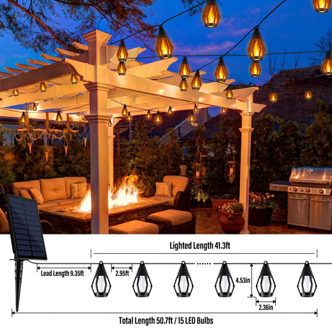 Solar Powered Flickering Flame String Lights For Outdoor Decor 50.7Ft Total Length 15 Warm White LED Bulbs Waterproof