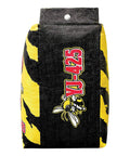 Side view of Yellow Jacket Archery Target Bag with dual sides and ten bullseyes for backyard practice, durable design.