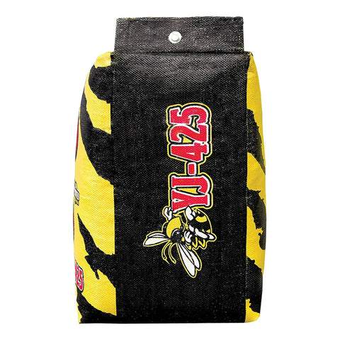 Side view of Yellow Jacket Archery Target Bag with dual sides and ten bullseyes for backyard practice, durable design.