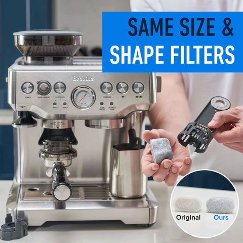 Person holding Six Pack Water Filters For Breville Espresso Machines Replacement Filters beside espresso machine.