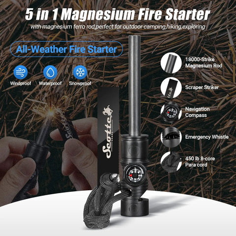 5 in 1 magnesium fire starter with compass, whistle, and scraper, ideal for outdoor enthusiasts. Contains "Windproof Plasma Arc Lighter And LED Flashlight 2 In 1 For Camping Hiking And Emergencies With A 5 In 1 Magnesium Fire Starter All Weather Survival Gear For Outdoor Enthusiasts"