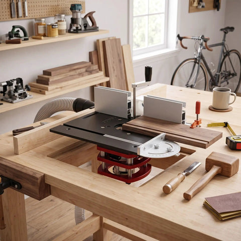 Manual Router Lift Table With Precision Top Plate For 64mm To 66mm Trim Routers in woodworking shop with tools.