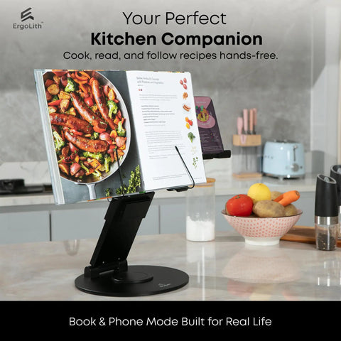 3-In-1 Adjustable Laptop Stand, Book Stand, And Phone Holder With 360 Degree Rotating Display in kitchen, stylish Sky Black