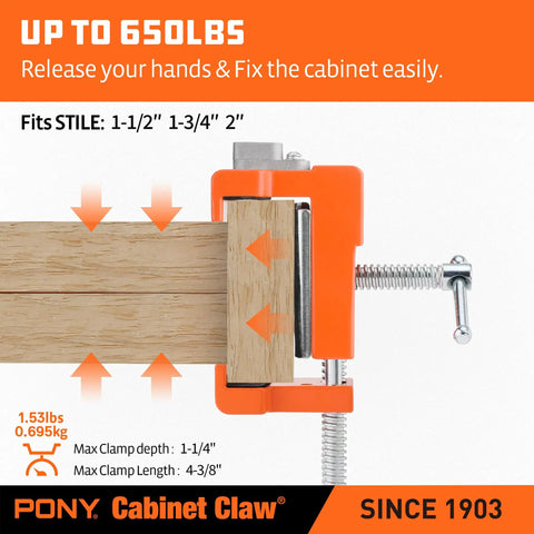 4 Pack Cabinet Clamps Set With 8510 Cabinet Claw For Face Frame Cabinet Installations with 650 lb load limit and stile sizes shown
