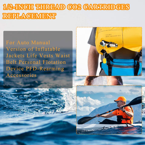 Two 24 Gram CO2 Rearming Cylinders With Half Inch Thread Replacement For Auto And Manual Inflatable Life Jackets Vests PFDs Kit
