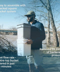 Man carrying Gravity Fed Camping Water Filter System For Backpacking Survival And Glamping Portable Purification Gear