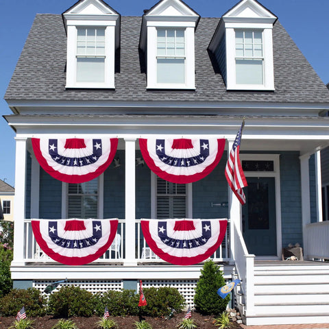 Patriotic Bunting Flags Set Of 4th Of July Independence Day Outdoor Decor Pleated Large Bunting Banner on house porch
