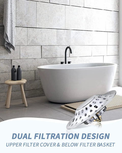 Modern bathroom showcasing a 2 In 1 Bathtub Stopper With Hair Catcher And Dual Filtration, Pop Up Drain Plug For 1.45 To 1.85 Inch Drains.