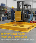 Foam Wall Spill Containment Berm, 4x6 Ft, 26 Oz PVC-Coated Fabric, Yellow, 0.75 Inch Drain in use under forklift in warehouse