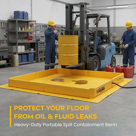 Foam Wall Spill Containment Berm, 4x6 Ft, 26 Oz PVC-Coated Fabric, Yellow, 0.75 Inch Drain in use under forklift in warehouse