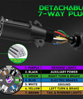 Heavy Duty 8 Foot 7 Way Trailer Plug With Junction Box And Detachable 7 Pin Wiring Harness featuring color coded cords and connections.