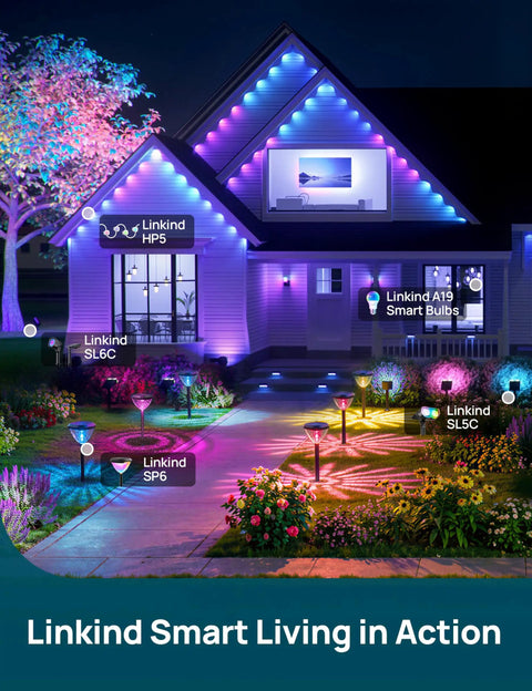Linkind Smart Living showing RGB landscape lighting on a house at night.