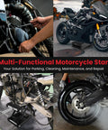 Beefed Up 1300 Lbs Motorcycle Jack With Thick 0.48 Inch Rubber Pad And Upgraded Anti Slip Bottom Wide Deck Carbon Steel Dirt Bike Center Stand With Chain Brush And T Handle For ATV Black lifting a motorcycle