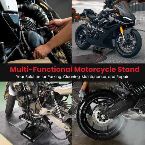 Beefed Up 1300 Lbs Motorcycle Jack With Thick 0.48 Inch Rubber Pad And Upgraded Anti Slip Bottom Wide Deck Carbon Steel Dirt Bike Center Stand With Chain Brush And T Handle For ATV Black lifting a motorcycle