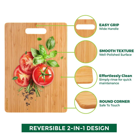 Close-up of Bamboo Cutting Board Set of 3 for Kitchen with tomatoes and basil, featuring wide handle and smooth surface.