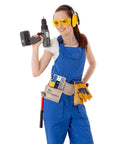 Woman in blue overalls holding a drill, showcasing Premium Drywall Anchors And Screws Kit, 260 Piece All In One Wall Mounting Set.