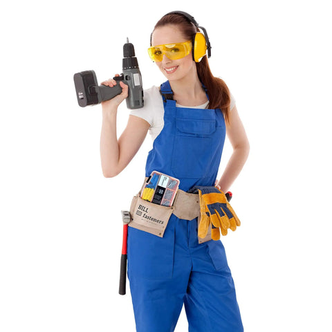 Woman in blue overalls holding a drill, showcasing Premium Drywall Anchors And Screws Kit, 260 Piece All In One Wall Mounting Set.