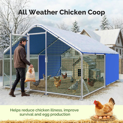 Top Notch Heavy Duty Chicken Coop Run With Thick Hardware Cloth For 20 Chickens, spacious all-weather poultry cage in winter setting.