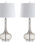 Smoke Gray Glass Teardrop LED Table Lamps Set of 2, 28.5-Inch Tall with White Linen Shade, Modern Transitional Bedside Desk Lights.
