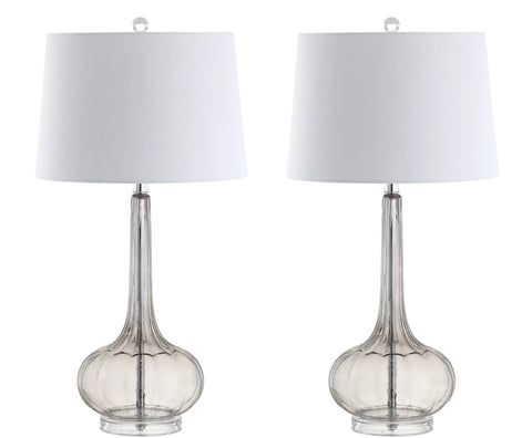 Smoke Gray Glass Teardrop LED Table Lamps Set of 2, 28.5-Inch Tall with White Linen Shade, Modern Transitional Bedside Desk Lights.