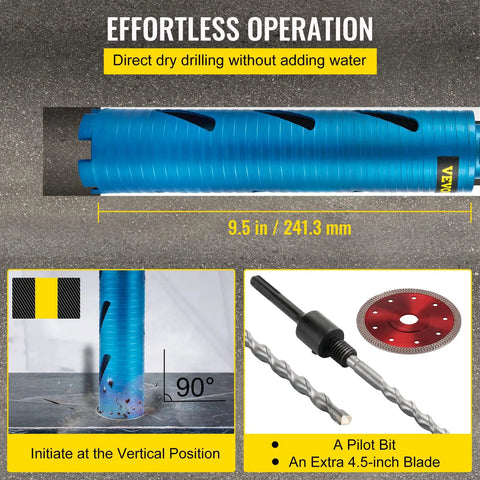 Diamond Dry Core Drill Bit Kit With Pilot Bit And 4.5 Inch Blade for concrete drilling, shown with 2.5 inch diameter bit.