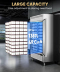 Tough As Nails 54 Inch Commercial Freezer 49 Cubic Feet Two Door Reach In Stainless Steel Upright Cabinet With Auto Defrost, showcasing adjustable shelving.
