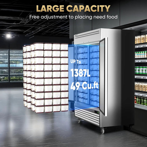 Tough As Nails 54 Inch Commercial Freezer 49 Cubic Feet Two Door Reach In Stainless Steel Upright Cabinet With Auto Defrost, showcasing adjustable shelving.