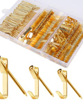 184 Piece Picture Hanging Kit With Gold Finish Hooks And Nails For Drywall And Wood Walls, organized in a storage box.