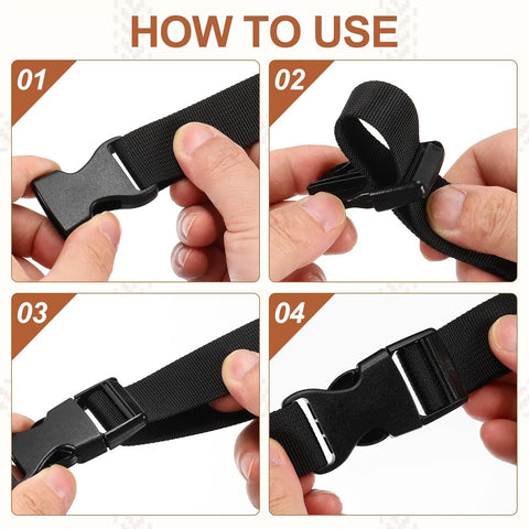 4 Pack Quick Side Release Buckles 1 Inch Plastic Clips Dual Adjustable Belt Snap Fasteners For Backpacks Outdoor Gear Paracord Bracelets Pet Collars White, being used by hands in four steps, showing connecting and adjusting on black strap
