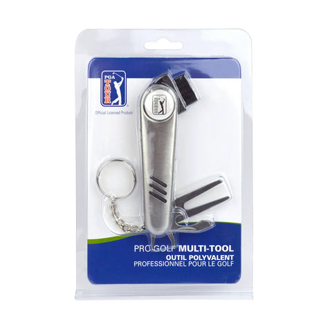 Packaging of All In One Golf Multi Tool With Divot Repair Tool Ball Marker And Club Groove Brush Pen And Keyring.