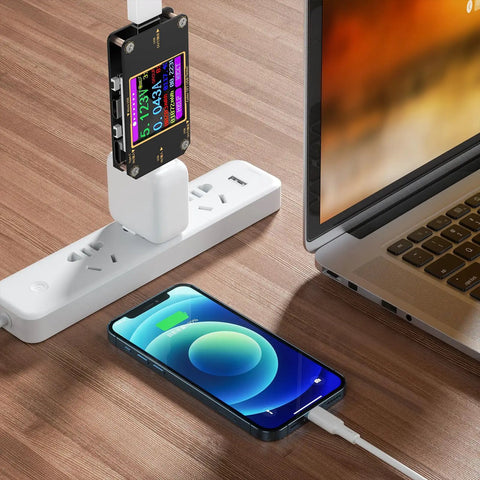 2 In 1 Digital USB Tester Meter with Type C Connector measuring charging speed on smartphone and laptop setup.