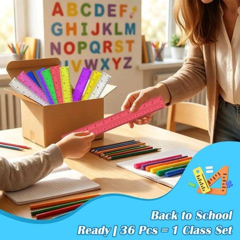 36 Pack 12 Inch Multicolor Plastic Rulers Bulk Set Clear Metric Rulers With Centimeters And Inches in classroom setting
