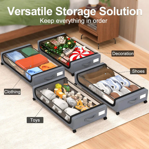 Under Bed Storage With Wheels 2 Pack 48L Lidded Rolling Bins For Shoes And Clothes Grey Narrow Metal Drawers Easy Pull Out Design Fits Dorm Rooms And Closets Space Saving 30.7 X 16.9 X 6.69 Inches showing organized storage for clothing, shoes, toys, and decorations under a bed in a bedroom.