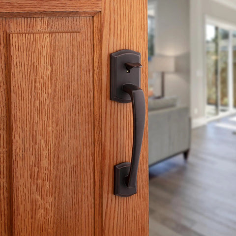 Prescott Front Door Handleset Exterior With Reversible Interior Lever, Non Locking, Venetian Bronze Finish, installed on door