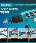Two In One Rivet Nut And Pop Rivet Gun Kit with instructions for using rivet nuts, showing steps and close-up of gun