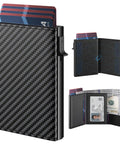 Pop Up Aluminum Card Wallet With RFID Blocking, Slim Minimalist Front Pocket Carry, leather and carbon fiber look, open view