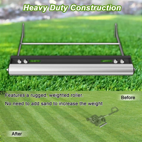 Push Mower Striping Kit for 21 Inch Mowers With Stainless Steel Roller on lawn showing before and after striping effect.